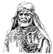 Ink line drawing of an older man with a head cloth and a patched coat, identified as Gadge Maharaj.